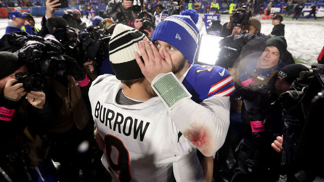 ORCHARD PARK, NEW YORK - JANUARY 22: Josh Allen #17 of the Buffalo Bills talks with Joe Burrow #9 of the Cincinnati Bengals after the AFC Divisional Playoff game at Highmark Stadium on January 22, 2023 in Orchard Park, New York. The Cincinnati Bengals defeated the Buffalo Bills with a score of 27 to 10.