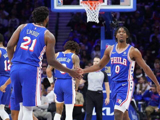 PHILADELPHIA, PA - NOVEMBER 2: Tyrese Maxey #0 and Joel Embiid #21 of the Philadelphia 76ers high five during the game against the Toronto Raptors on November 2, 2023 at the Wells Fargo Center in Philadelphia, Pennsylvania NOTE TO USER: User expressly acknowledges and agrees that, by downloading and/or using this Photograph, user is consenting to the terms and conditions of the Getty Images License Agreement. Mandatory Copyright Notice: Copyright 2023 NBAE