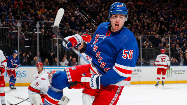 NEW YORK, NEW YORK - NOVEMBER 02: Will Cuylle #50 of the New York Rangers reacts after scoring a goal in the third period against the Carolina Hurricanes at Madison Square Garden on November 2, 2023 in New York City.