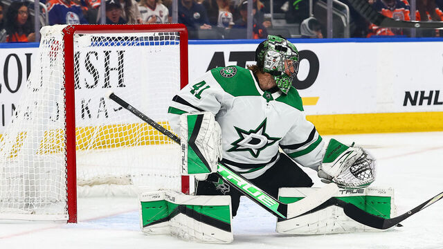 EDMONTON, AB - NOVEMBER 02: Dallas Stars Goalie Scott Wedgewood (41) makes a save in the first period of the Edmonton Oilers game versus the Dallas Stars on November 2, 2023 at Rogers Place in Edmonton, AB.