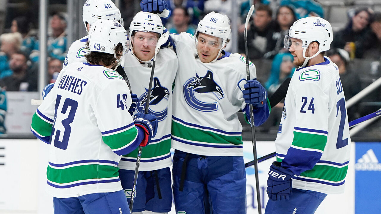 SAN JOSE, CALIFORNIA - NOVEMBER 2: Brock Boeser #6 celebrating with teammates against the San Jose Sharks at SAP Center on November 2, 2023 in San Jose, California.