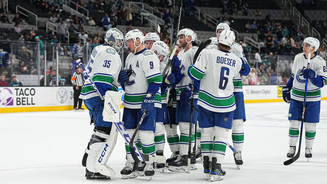 SAN JOSE, CA - NOVEMBER 2: The Vancouver Canucks celebrate the win against the San Jose Sharks at SAP Center on November 2, 2023 in San Jose, California.