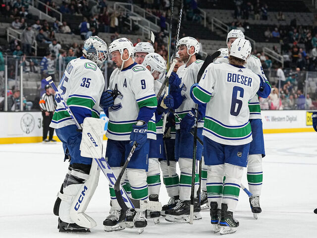SAN JOSE, CA - NOVEMBER 2: The Vancouver Canucks celebrate the win against the San Jose Sharks at SAP Center on November 2, 2023 in San Jose, California.