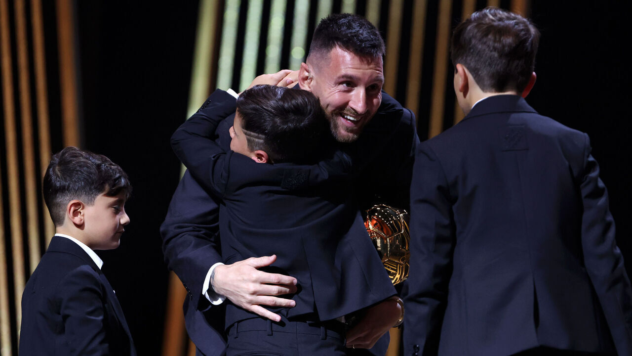 PARIS, FRANCE - OCTOBER 30: Lionel Messi and sons Thiago Messi, Mateo Messi Roccuzzo and Ciro Messi Roccuzz attend the 67th Ballon D'Or Ceremony at Theatre Du Chatelet on October 30, 2023 in Paris, France.