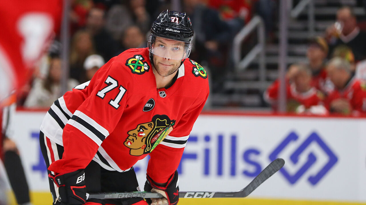 CHICAGO, IL - OCTOBER 21: Chicago Blackhawks left wing Taylor Hall (71) looks on during a game between the Vegas Golden Knights and the Chicago Blackhawks on October 21, 2023 at the United Center in Chicago, IL.