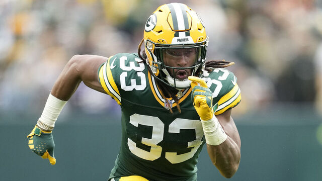 GREEN BAY, WISCONSIN - OCTOBER 29: Aaron Jones #33 of the Green Bay Packers runs a route in the second half against the Minnesota Vikings at Lambeau Field on October 29, 2023 in Green Bay, Wisconsin.