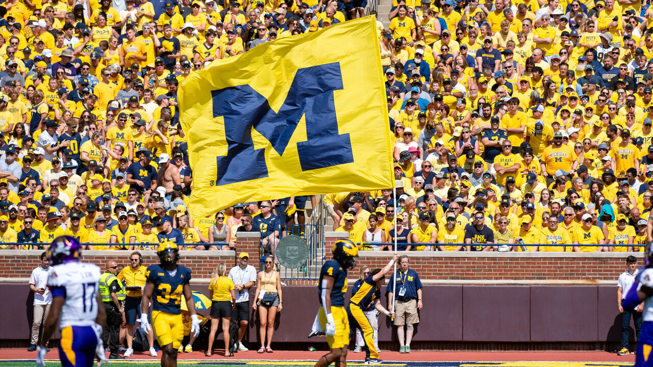 ANN ARBOR, MICHIGAN - SEPTEMBER 02: A Michigan flag is seen during the first half of a college football game between the Michigan Wolverines and the East Carolina Pirates at Michigan Stadium on September 02, 2023 in Ann Arbor, Michigan.