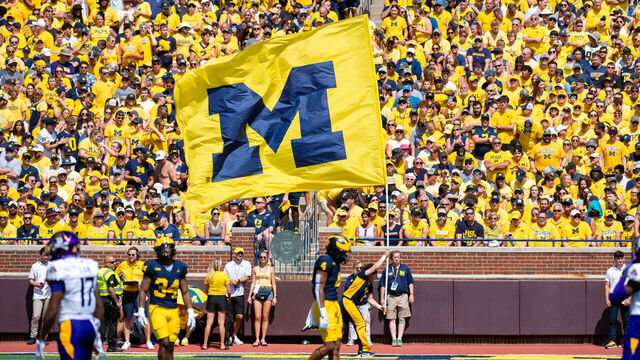ANN ARBOR, MICHIGAN - SEPTEMBER 02: A Michigan flag is seen during the first half of a college football game between the Michigan Wolverines and the East Carolina Pirates at Michigan Stadium on September 02, 2023 in Ann Arbor, Michigan.