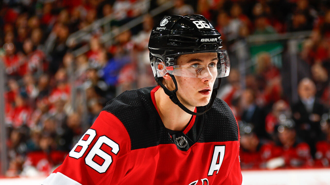 NEWARK, NJ - OCTOBER 29: Jack Hughes #86 of the New Jersey Devils during the third period of the game against the Minnesota Wild at the Prudential Center on October 29, 2023 in Newark, New Jersey.