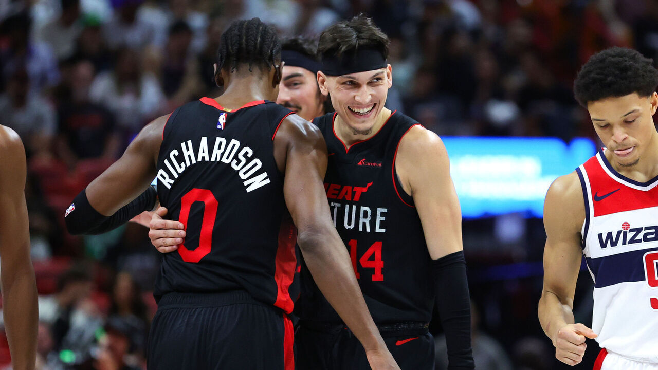 MIAMI, FLORIDA - NOVEMBER 03: Josh Richardson #0 and Tyler Herro #14 of the Miami Heat react during the third quarter against the Washington Wizards during the NBA In-Season Tournament at Kaseya Center on November 03, 2023 in Miami, Florida.