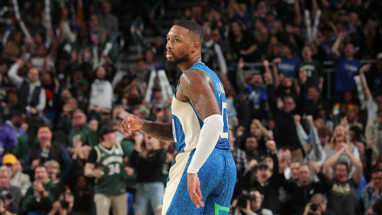 MILWAUKEE, WI - NOVEMBER 3: Damian Lillard #0 of the Milwaukee Bucks celebrates during the In Season Tournament against the New York Knicks on November 3, 2023 at the Fiserv Forum Center in Milwaukee, Wisconsin. Mandatory Copyright Notice: Copyright 2023 NBAE .