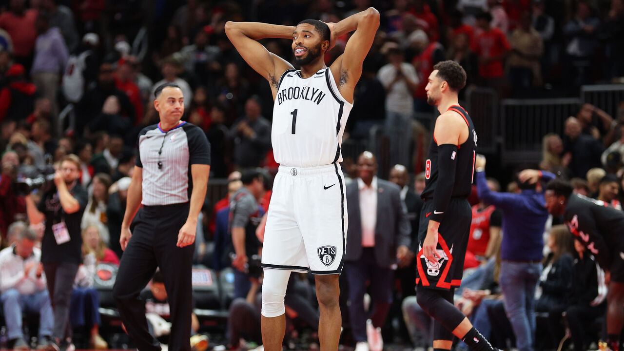 CHICAGO, ILLINOIS - NOVEMBER 03: Mikal Bridges #1 of the Brooklyn Nets reacts after Zach LaVine #8 of the Chicago Bulls missed a game-winning three pointer as time expired in the NBA In-Season Tournament game at the United Center on November 03, 2023 in Chicago, Illinois.
