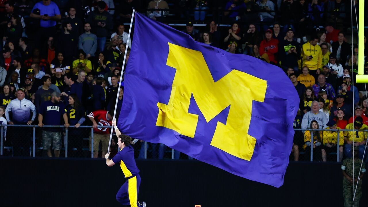 PISCATAWAY, NJ - NOVEMBER 05: A general view of the Michigan Wolverines flag during the college football game against the Rutgers Scarlet Knights on November 5, 2022 at SHI Stadium in Piscataway, New Jersey.