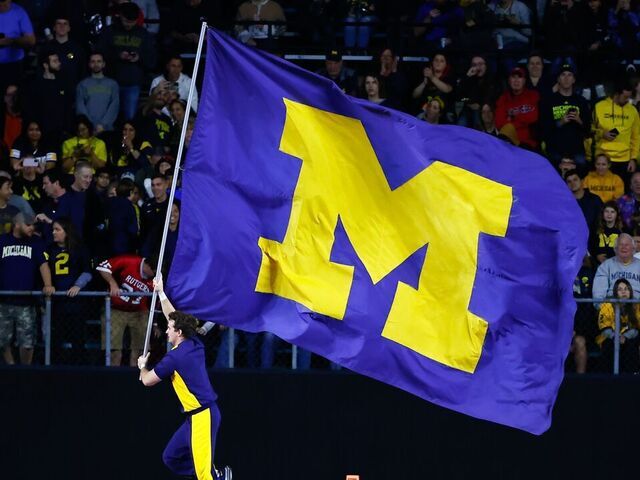 PISCATAWAY, NJ - NOVEMBER 05: A general view of the Michigan Wolverines flag during the college football game against the Rutgers Scarlet Knights on November 5, 2022 at SHI Stadium in Piscataway, New Jersey.