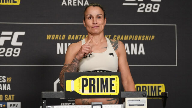 VANCOUVER, BRITISH COLUMBIA - JUNE 09: Raquel Pennington poses on the scale during the UFC 289 official weigh-in at the Westin Bayshore on June 09, 2023 in Vancouver, British Columbia.