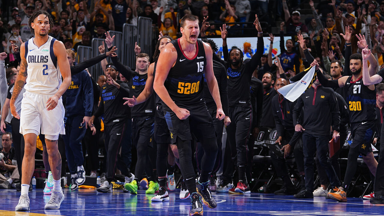 DENVER, CO - NOVEMBER 3: Nikola Jokic #15 of the Denver Nuggets celebrates during the game against the Dallas Mavericks during the In-Season Tournament on November 3, 2023 at the Ball Arena in Denver, Colorado. NOTE TO USER: User expressly acknowledges and agrees that, by downloading and/or using this Photograph, user is consenting to the terms and conditions of the Getty Images License Agreement. Mandatory Copyright Notice: Copyright 2023 NBAE