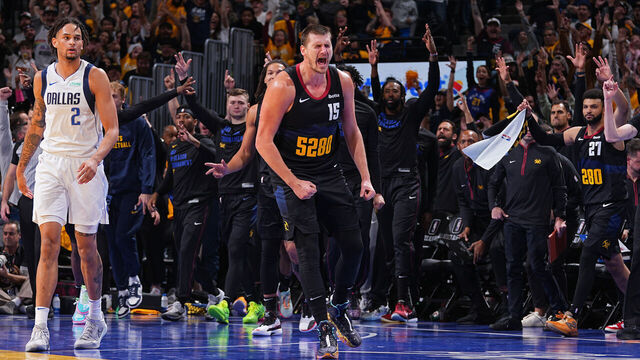 DENVER, CO - NOVEMBER 3: Nikola Jokic #15 of the Denver Nuggets celebrates during the game against the Dallas Mavericks during the In-Season Tournament on November 3, 2023 at the Ball Arena in Denver, Colorado. NOTE TO USER: User expressly acknowledges and agrees that, by downloading and/or using this Photograph, user is consenting to the terms and conditions of the Getty Images License Agreement. Mandatory Copyright Notice: Copyright 2023 NBAE