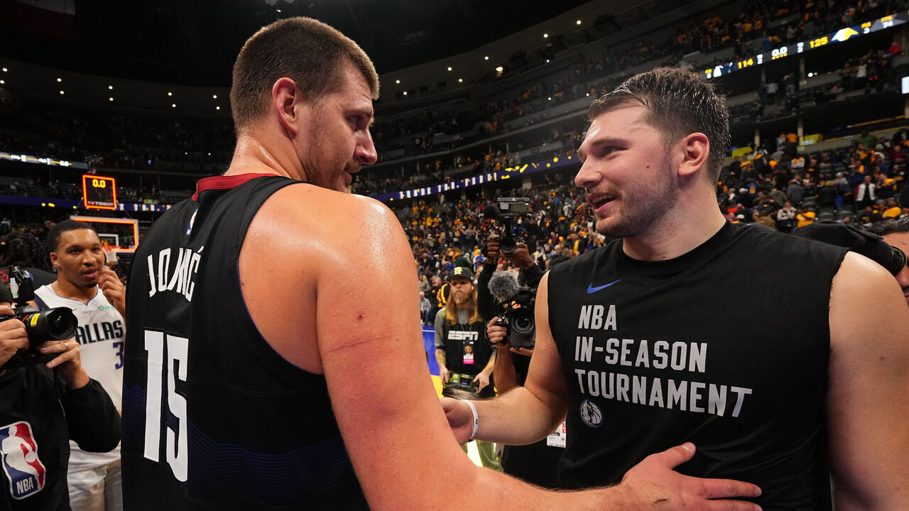 DENVER, CO - NOVEMBER 3: Luka Doncic #77 of the Dallas Mavericks and Nikola Jokic #15 of the Denver Nuggets talk after the game during the In-Season Tournament on November 3, 2023 at the Ball Arena in Denver, Colorado. NOTE TO USER: User expressly acknowledges and agrees that, by downloading and/or using this Photograph, user is consenting to the terms and conditions of the Getty Images License Agreement. Mandatory Copyright Notice: Copyright 2023 NBAE