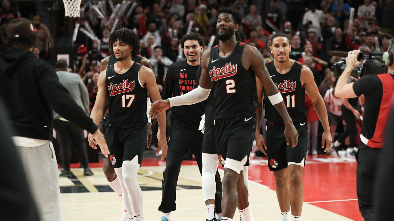 PORTLAND, OREGON - NOVEMBER 03: Portland Trail Blazers players react as the game enters overtime against the Memphis Grizzlies during the NBA In-Season Tournament at Moda Center on November 03, 2023 in Portland, Oregon.