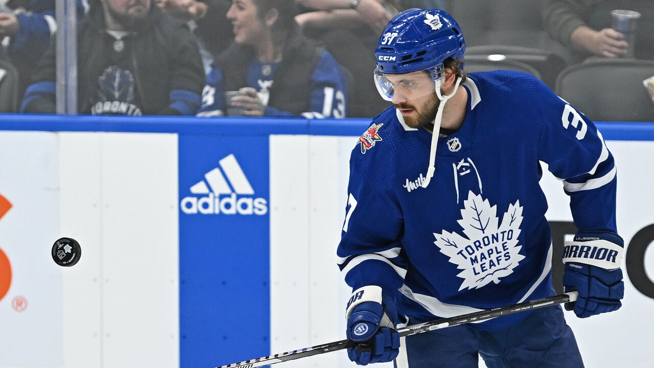 TORONTO, ON - OCTOBER 31: Toronto Maple Leafs Defenceman Timothy Liljegren (37) in warmups prior to the regular season NHL game between the Los Angeles Kings and Toronto Maple Leafs on October 31, 2023 at Scotiabank Arena in Toronto, ON.