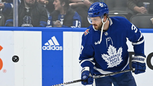 TORONTO, ON - OCTOBER 31: Toronto Maple Leafs Defenceman Timothy Liljegren (37) in warmups prior to the regular season NHL game between the Los Angeles Kings and Toronto Maple Leafs on October 31, 2023 at Scotiabank Arena in Toronto, ON.