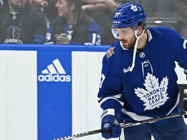 TORONTO, ON - OCTOBER 31: Toronto Maple Leafs Defenceman Timothy Liljegren (37) in warmups prior to the regular season NHL game between the Los Angeles Kings and Toronto Maple Leafs on October 31, 2023 at Scotiabank Arena in Toronto, ON.