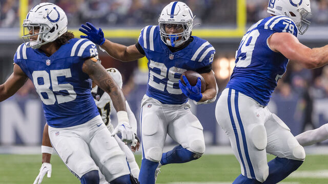 INDIANAPOLIS, INDIANA - OCTOBER 29: Jonathan Taylor #28 of the Indianapolis Colts runs the ball during the game against the New Orleans Saints at Lucas Oil Stadium on October 29, 2023 in Indianapolis, Indiana.