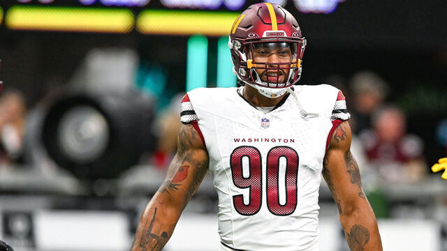 ATLANTA, GA OCTOBER 15: Washington defensive end Montez Sweat (90) warms up prior to the start of the NFL game between the Washington Commanders and the Atlanta Falcons on October 15th, 2023 at Mercedes-Benz Stadium in Atlanta, GA.
