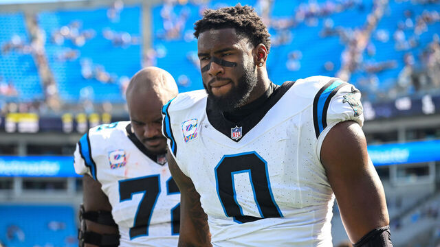 CHARLOTTE, NORTH CAROLINA - OCTOBER 01: Brian Burns #0 of the Carolina Panthers leaves the field after a game against the Minnesota Vikings at Bank of America Stadium on October 01, 2023 in Charlotte, North Carolina.
