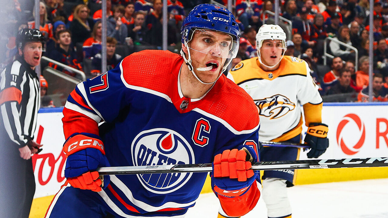 EDMONTON, AB - NOVEMBER 04: Edmonton Oilers Center Connor McDavid (97) chases after a puck in the third period of the Edmonton Oilers game versus the Nashville Predators on November 4, 2023 at Rogers Place in Edmonton, AB.