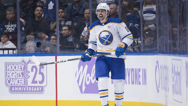 TORONTO, ON - NOVEMBER 4: Alex Tuch #89 of the Buffalo Sabres celebrates his empty net goal against the Toronto Maple Leafs during the third period at the Scotiabank Arena on November 4, 2023 in Toronto, Ontario, Canada.