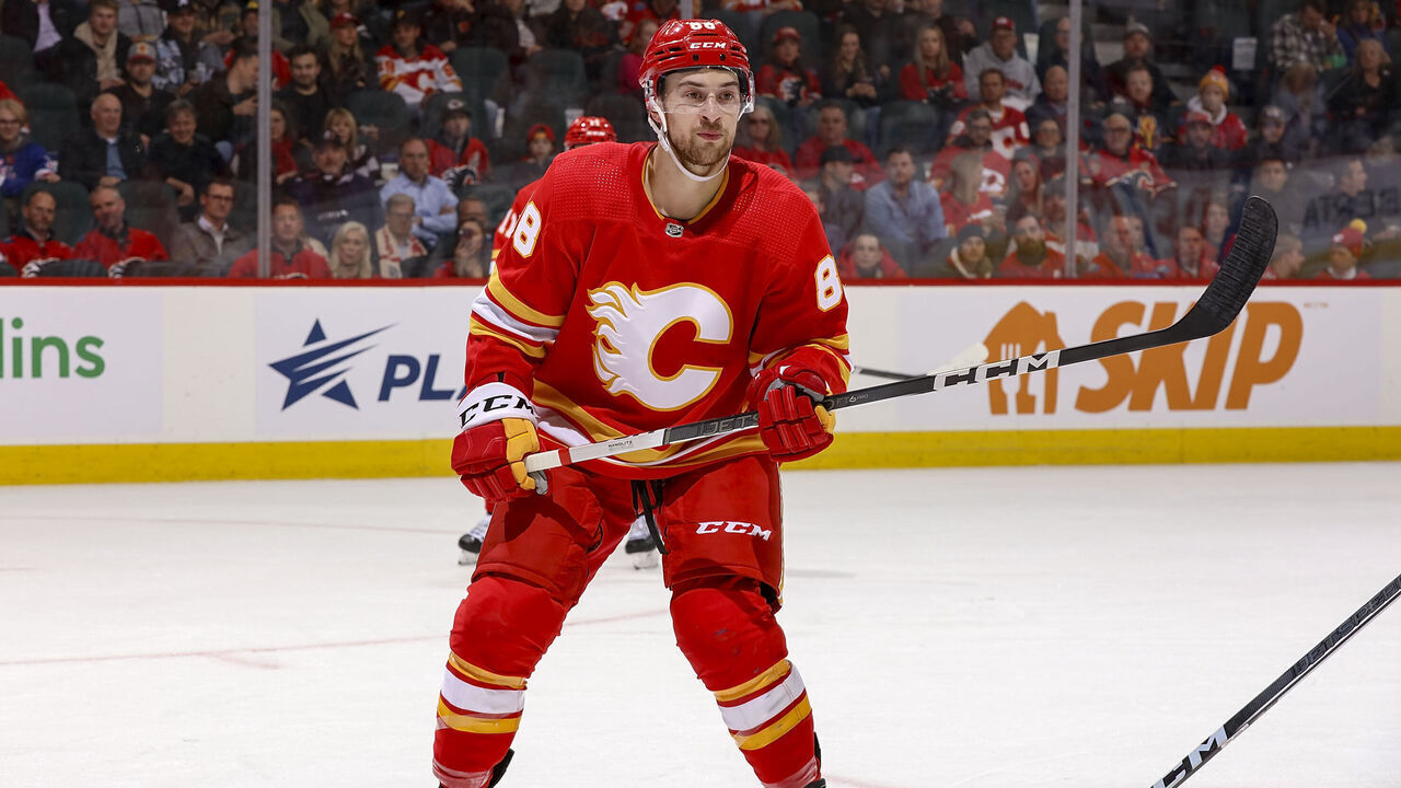 CALGARY, AB - OCTOBER 24: Andrew Mangiapane #88 of the Calgary Flames skates up ice against the New York Rangers at Scotiabank Saddledome on October 24, 2023 in Calgary, Alberta, Canada.