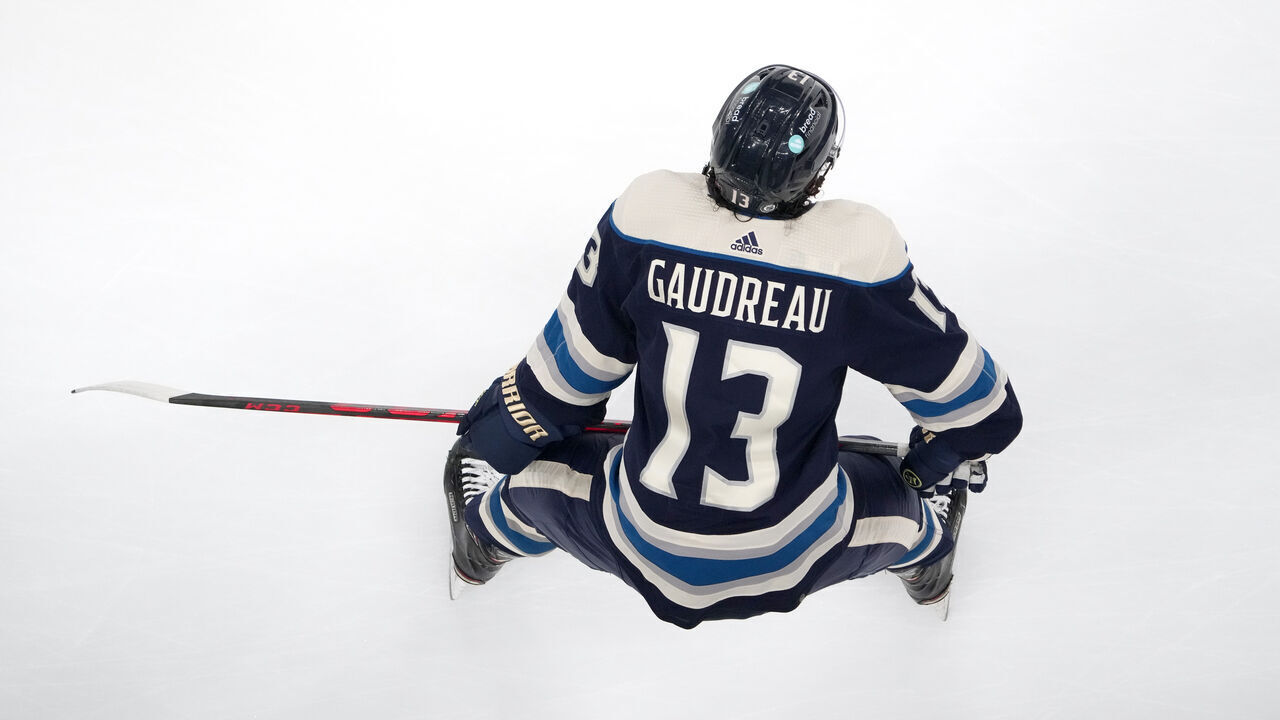 COLUMBUS, OHIO - OCTOBER 28: Johnny Gaudreau #13 of the Columbus Blue Jackets warms up before a game against the New York Islanders at Nationwide Arena on October 28, 2023 in Columbus, Ohio.