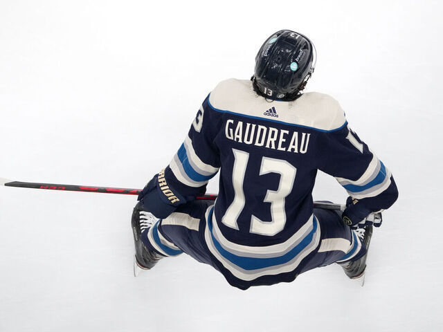 COLUMBUS, OHIO - OCTOBER 28: Johnny Gaudreau #13 of the Columbus Blue Jackets warms up before a game against the New York Islanders at Nationwide Arena on October 28, 2023 in Columbus, Ohio.