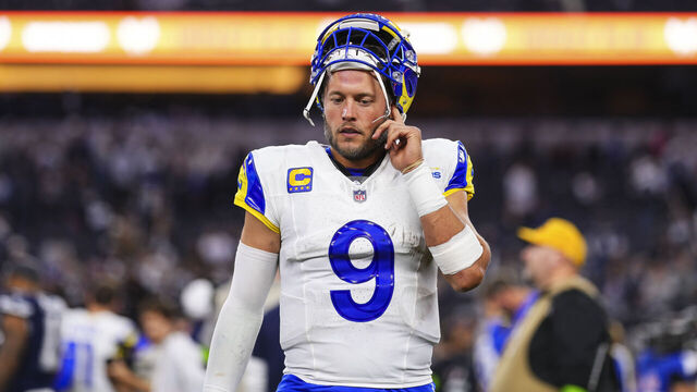 ARLINGTON, TX - OCTOBER 29: Matthew Stafford #9 of the Los Angeles Rams looks on from the field after an NFL game against the Dallas Cowboys at AT&T Stadium on October 29, 2023 in Arlington, Texas.
