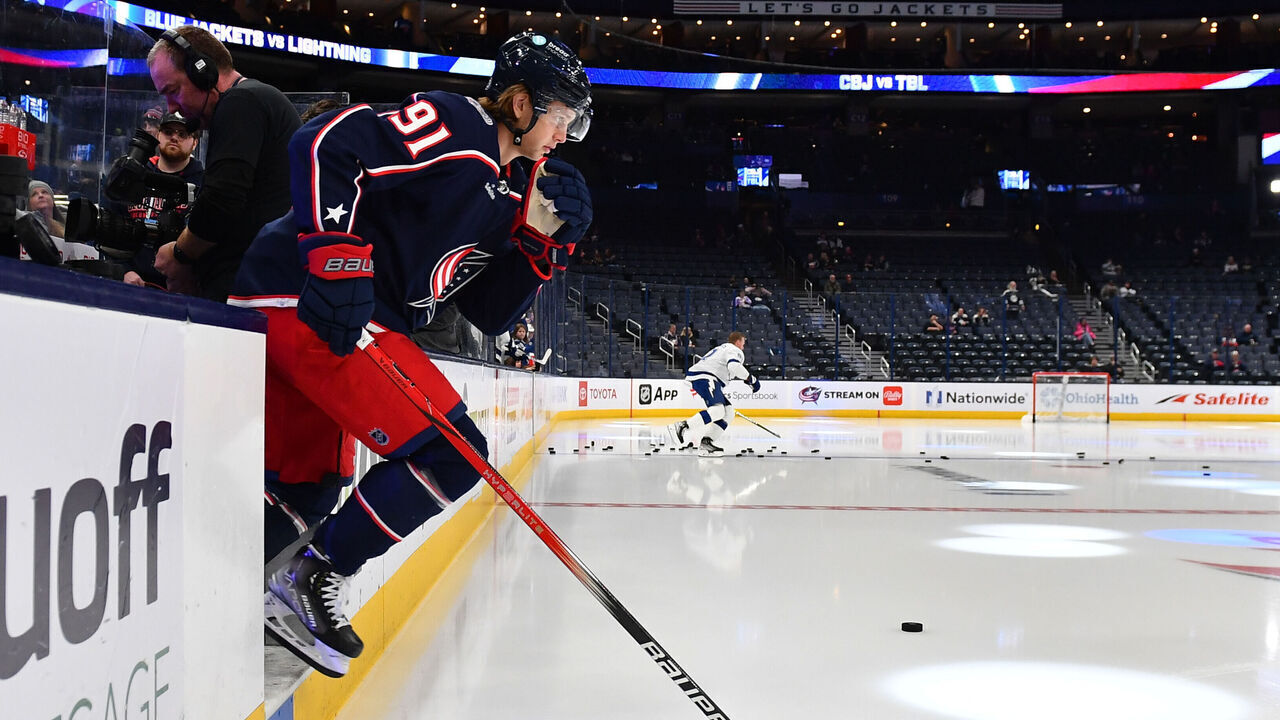 COLUMBUS, OHIO - NOVEMBER 2: Kent Johnson #91 of the Columbus Blue Jackets takes the ice for pregame warmups prior to a game against the Tampa Bay Lightning at Nationwide Arena on November 2, 2023 in Columbus, Ohio.