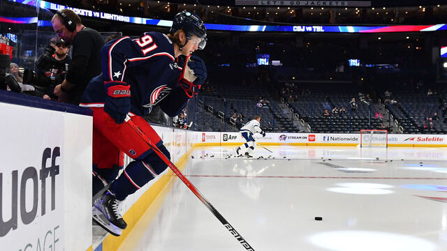 COLUMBUS, OHIO - NOVEMBER 2: Kent Johnson #91 of the Columbus Blue Jackets takes the ice for pregame warmups prior to a game against the Tampa Bay Lightning at Nationwide Arena on November 2, 2023 in Columbus, Ohio.