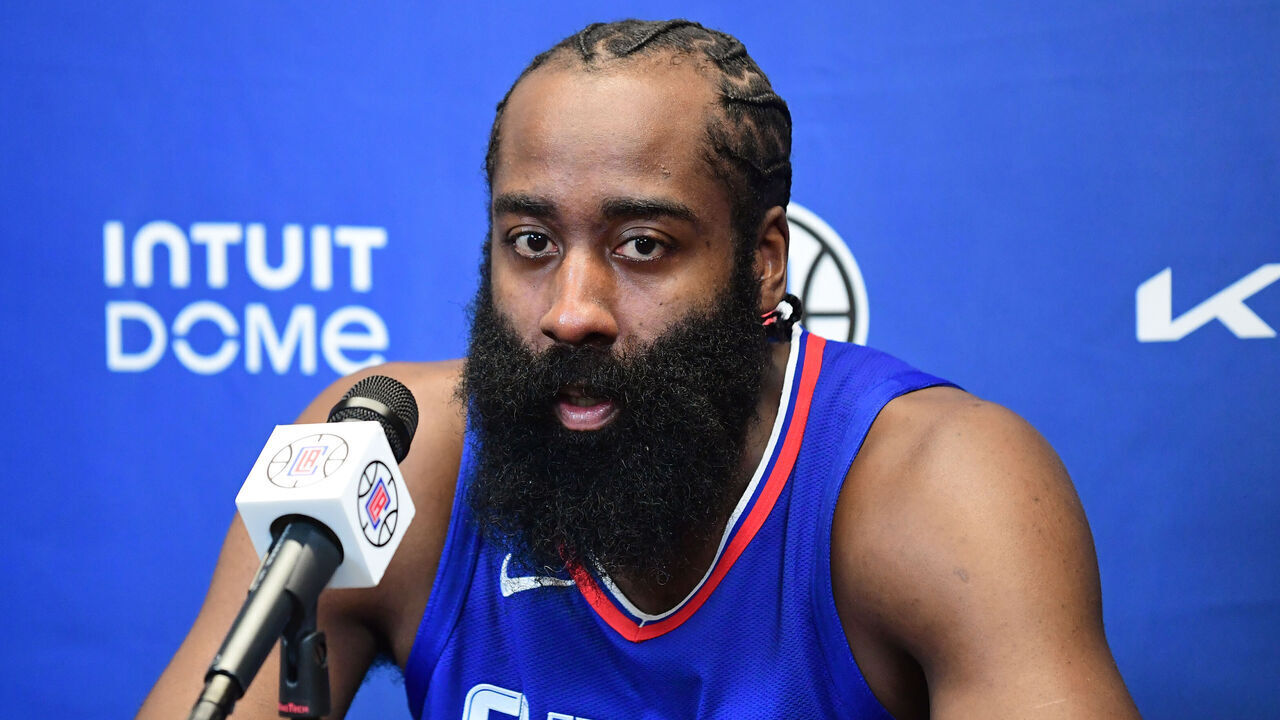 PLAYA VISTA, CA - NOVEMBER 02: James Harden #1 of the LA Clippers speaks to the media during a press conference at Honey Training Center on November 02, 2023 in Playa Vista, California. NOTE TO USER: User expressly acknowledges and agrees that, by downloading and/or using this Photograph, user is consenting to the terms and conditions of the Getty Images License Agreement. Mandatory Copyright Notice: Copyright 2023 NBAE