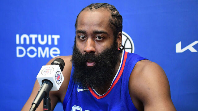 PLAYA VISTA, CA - NOVEMBER 02: James Harden #1 of the LA Clippers speaks to the media during a press conference at Honey Training Center on November 02, 2023 in Playa Vista, California. NOTE TO USER: User expressly acknowledges and agrees that, by downloading and/or using this Photograph, user is consenting to the terms and conditions of the Getty Images License Agreement. Mandatory Copyright Notice: Copyright 2023 NBAE