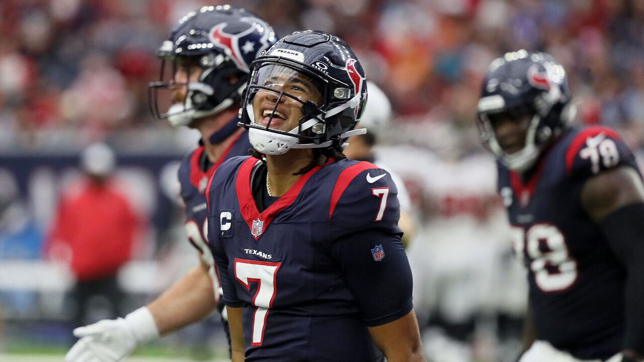 HOUSTON, TEXAS - NOVEMBER 05: C.J. Stroud #7 of the Houston Texans reacts after a two-point conversion in the fourth quarter of a game against the Tampa Bay Buccaneers at NRG Stadium on November 05, 2023 in Houston, Texas.