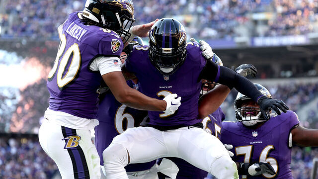 BALTIMORE, MARYLAND - NOVEMBER 05: Odell Beckham Jr. #3 of the Baltimore Ravens celebrates with teammates after scoring a touchdown against the Seattle Seahawks during the fourth quarter of the game at M&T Bank Stadium on November 05, 2023 in Baltimore, Maryland.