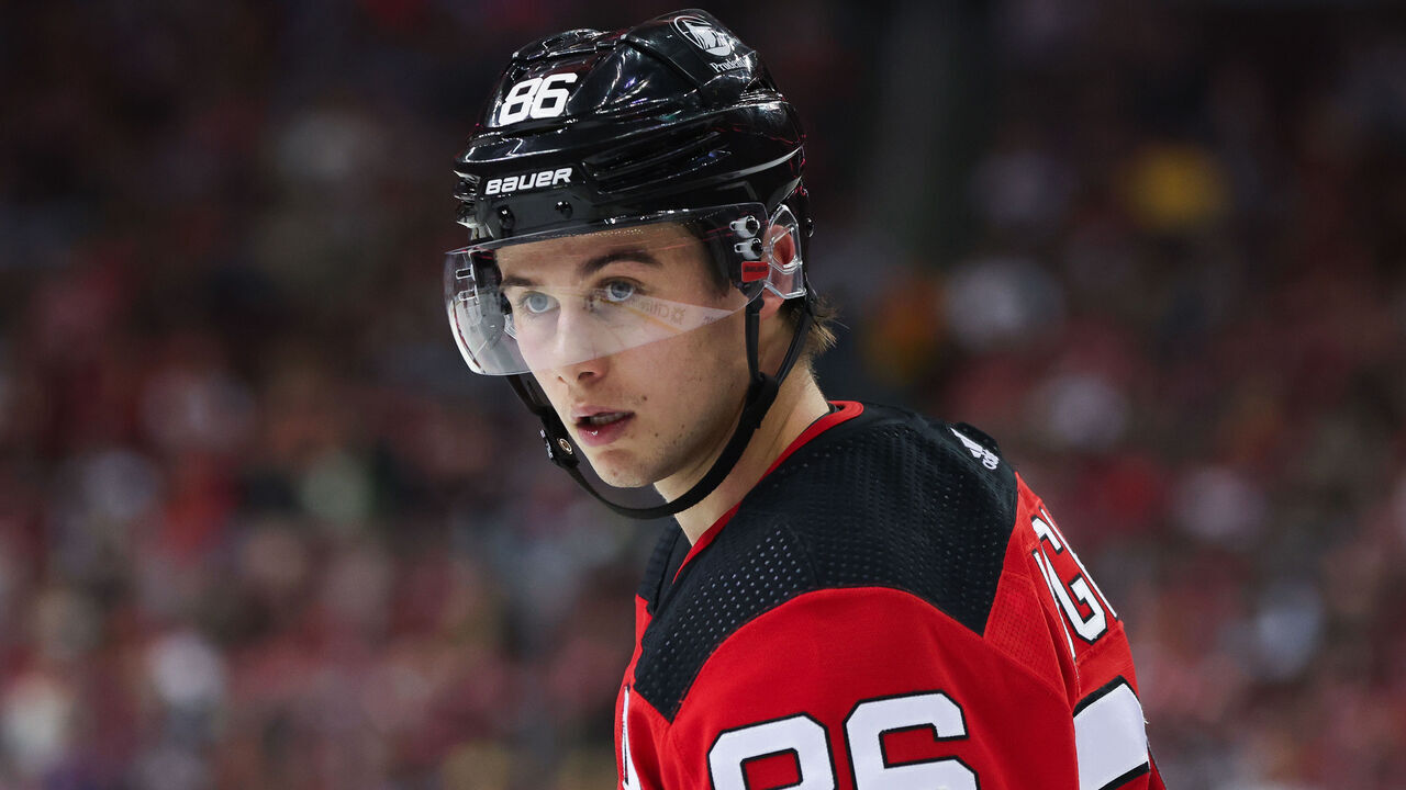 NEWARK, NJ - OCTOBER 29: New Jersey Devils center Jack Hughes (86) looks on during a game between the Minnesota Wild and New Jersey Devils on October 29, 2023 at Prudential Center in the Newark, New Jersey.