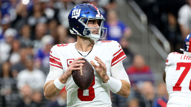 LAS VEGAS, NEVADA - NOVEMBER 05: Daniel Jones #8 of the New York Giants looks to throw a pass in the first quarter of a game against the Las Vegas Raiders at Allegiant Stadium on November 05, 2023 in Las Vegas, Nevada.