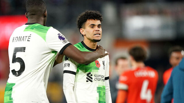 Liverpool's Luis Diaz (right) and team-mate Ibrahima Konate after the final whistle in the Premier League match at Kenilworth Road, Luton. Picture date: Sunday November 5, 2023.