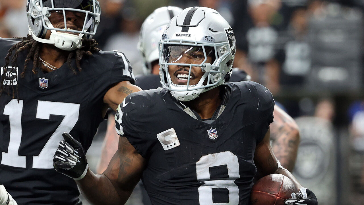 LAS VEGAS, NEVADA - NOVEMBER 05: Josh Jacobs #8 of the Las Vegas Raiders reacts after scoring a touchdown in the second quarter of a game against the New York Giants at Allegiant Stadium on November 05, 2023 in Las Vegas, Nevada.