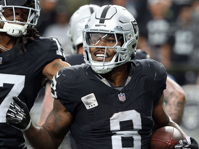 LAS VEGAS, NEVADA - NOVEMBER 05: Josh Jacobs #8 of the Las Vegas Raiders reacts after scoring a touchdown in the second quarter of a game against the New York Giants at Allegiant Stadium on November 05, 2023 in Las Vegas, Nevada.