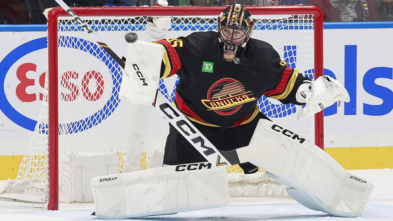 VANCOUVER, CANADA - OCTOBER 31: Thatcher Demko #35 of the Vancouver Canucks makes a save during their NHL game against the Nashville Predators at Rogers Arena October 31, 2023 in Vancouver, British Columbia, Canada.