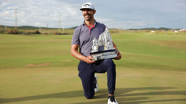 CABO SAN LUCAS, MEXICO - NOVEMBER 05: Erik van Rooyen of South Africa poses for a photo with the trophy after winning the final round of the World Wide Technology Championship at El Cardonal at Diamante on November 05, 2023 in Cabo San Lucas, Baja California Sur, Mexico.