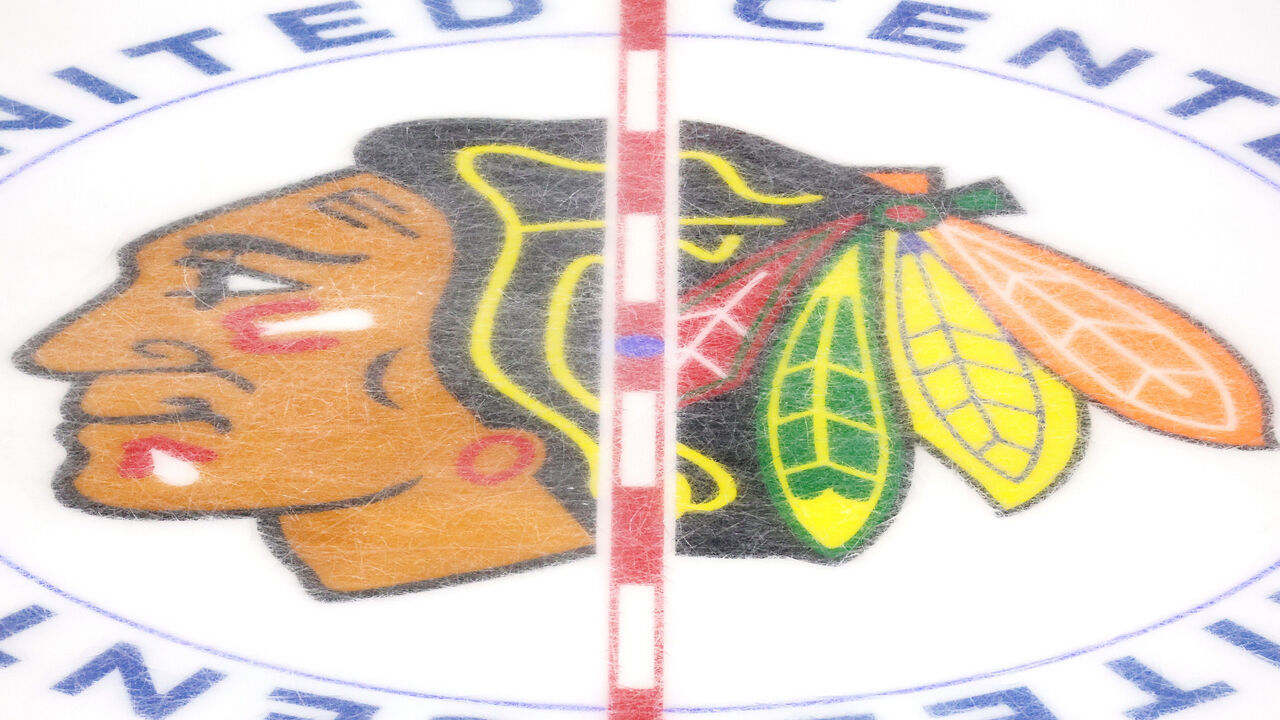 CHICAGO, ILLINOIS - OCTOBER 03: A detail view of the Chicago Blackhawks logo prior to the preseason game between the against the Detroit Red Wings at the United Center on October 03, 2023 in Chicago, Illinois.