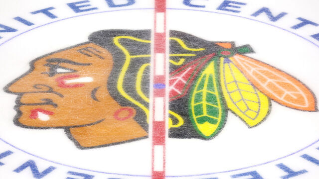 CHICAGO, ILLINOIS - OCTOBER 03: A detail view of the Chicago Blackhawks logo prior to the preseason game between the against the Detroit Red Wings at the United Center on October 03, 2023 in Chicago, Illinois.